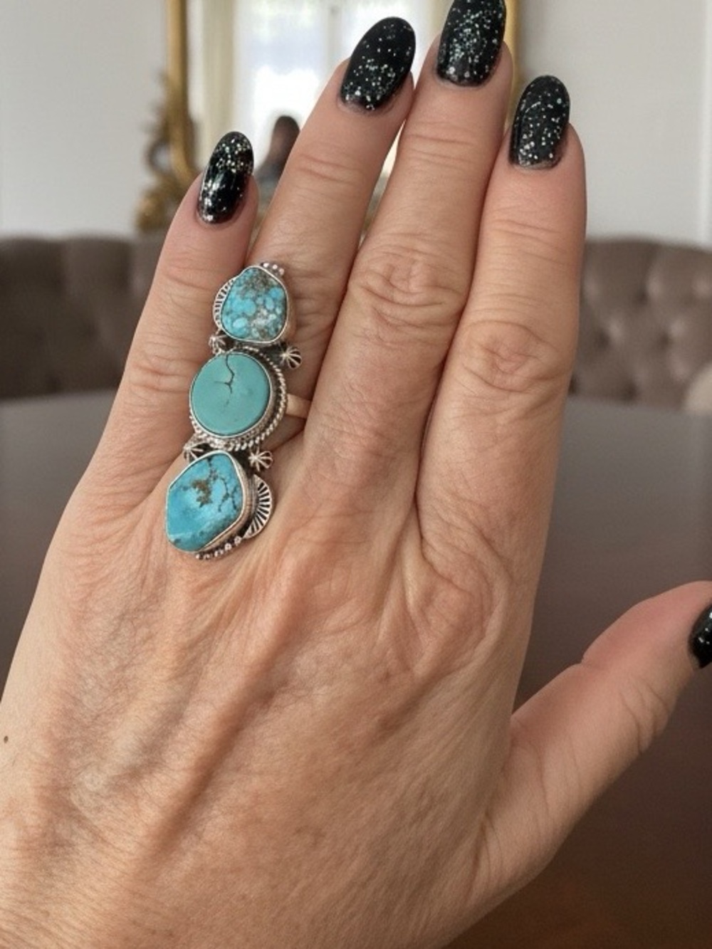 Turquoise Triple Stone Sterling Silver Ring - Blue Turquoise - Picture 8 of 8